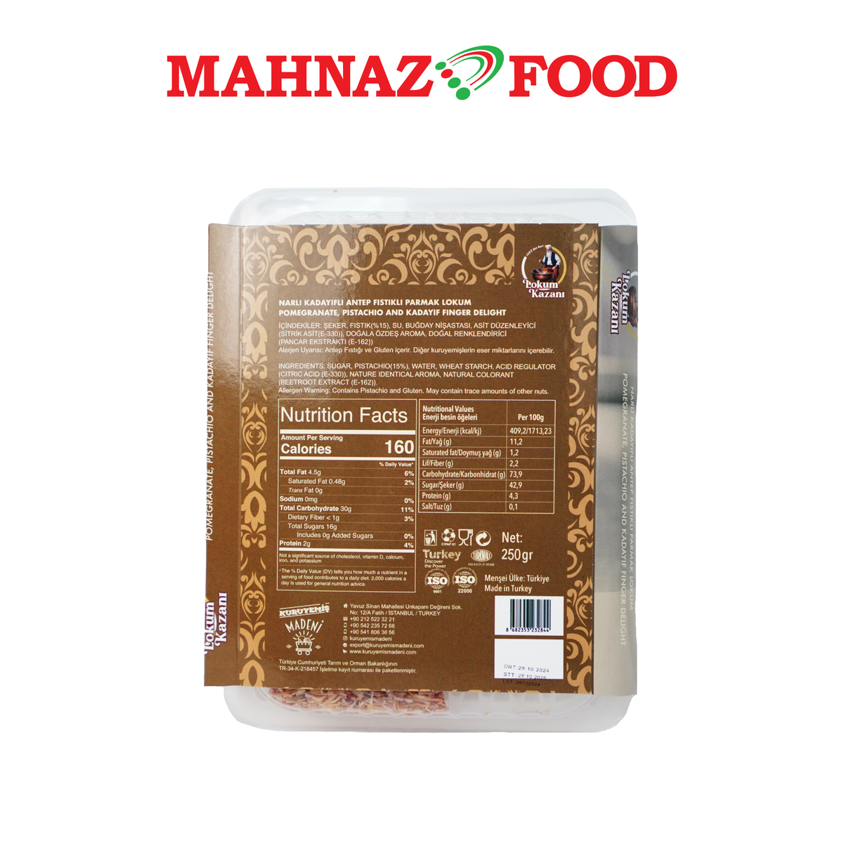 Mahnaz Food Lokum Kazani Turkish Delight Pomegranate Pistachio And Kadayif Finger Delight 250g Made in Turkey