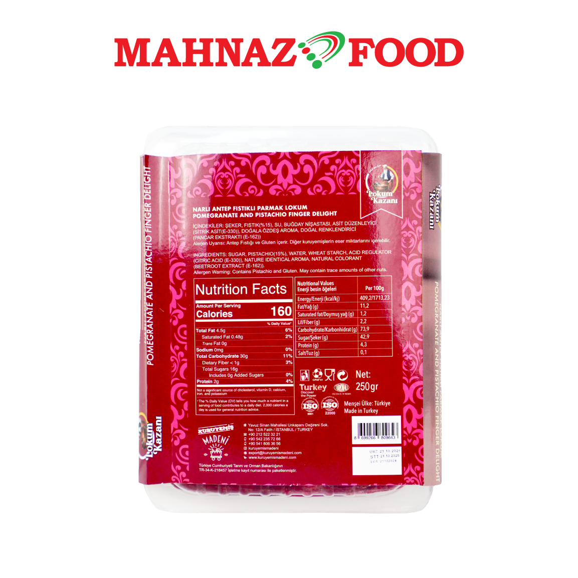 Mahnaz Food Lokum Kazani Turkish Delight Pomegranate And Pistachio Finger Delight 250g Made in Turkey