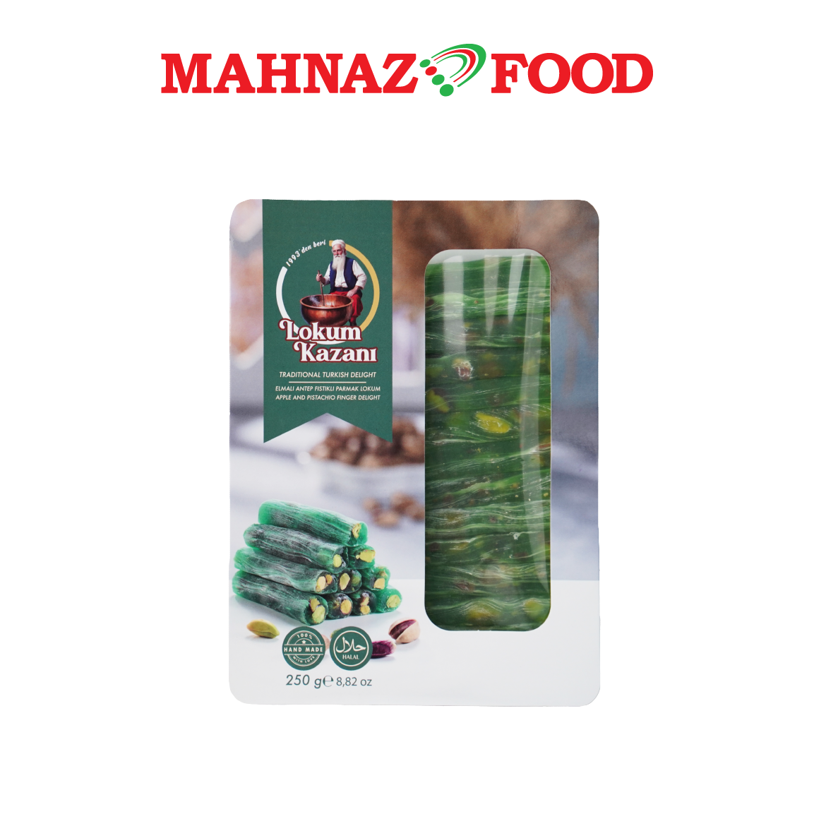 Mahnaz Food Lokum Kazani Turkish Delight Apple And Pistachio Finger Delight 250g Made in Turkey