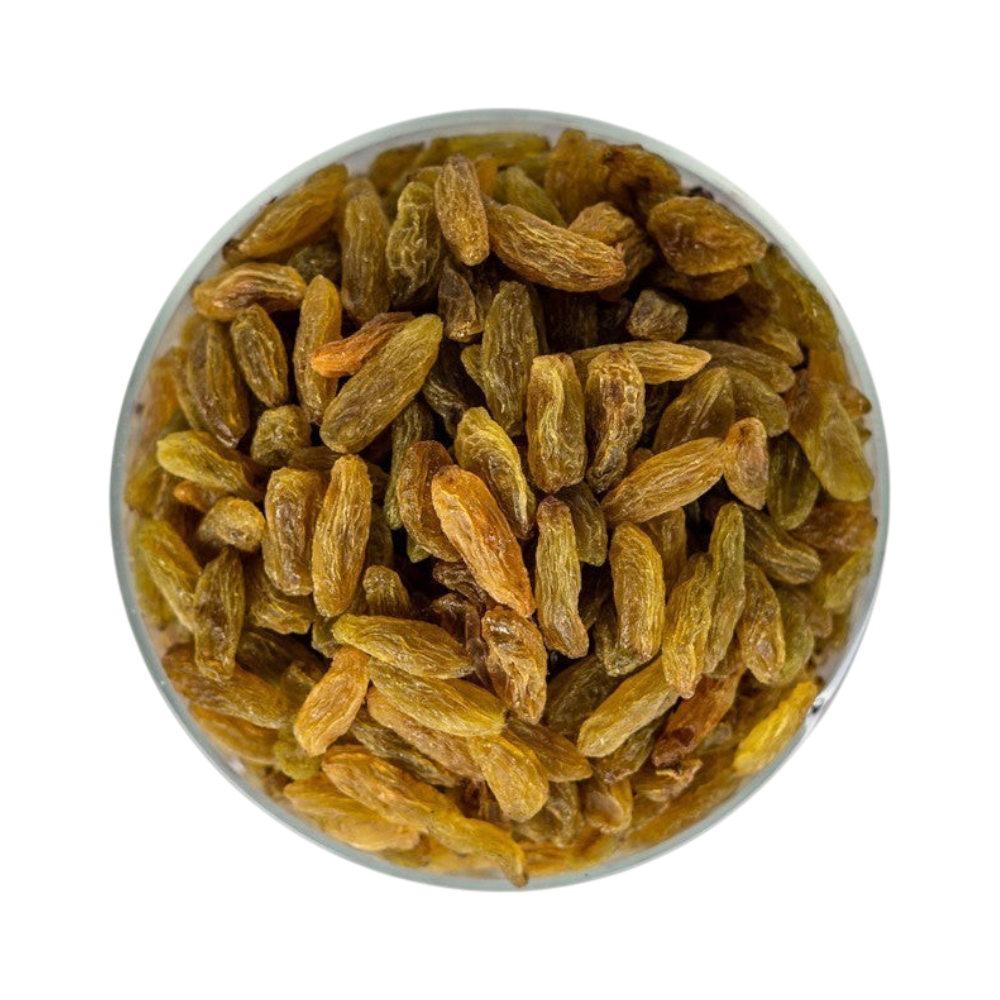 Mahnaz Food long green raisins in a glass bowl, a healthy dried fruit snack for baking and cooking.