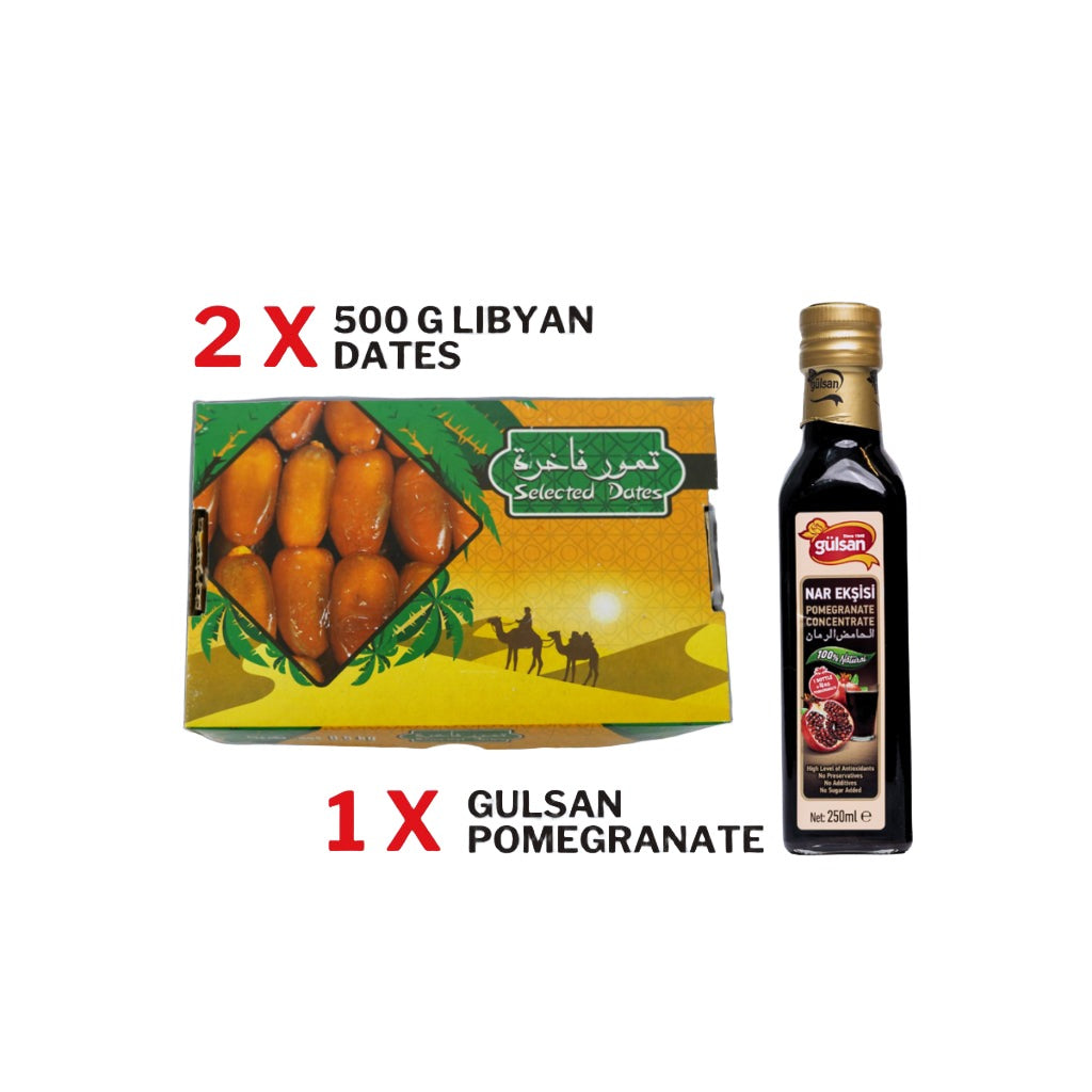 Mahnaz Food - 2 Boxes Libyan Fresh Dates | Kurma Sejuk 500G With Gulsan Pati Delima 250Ml Rm7