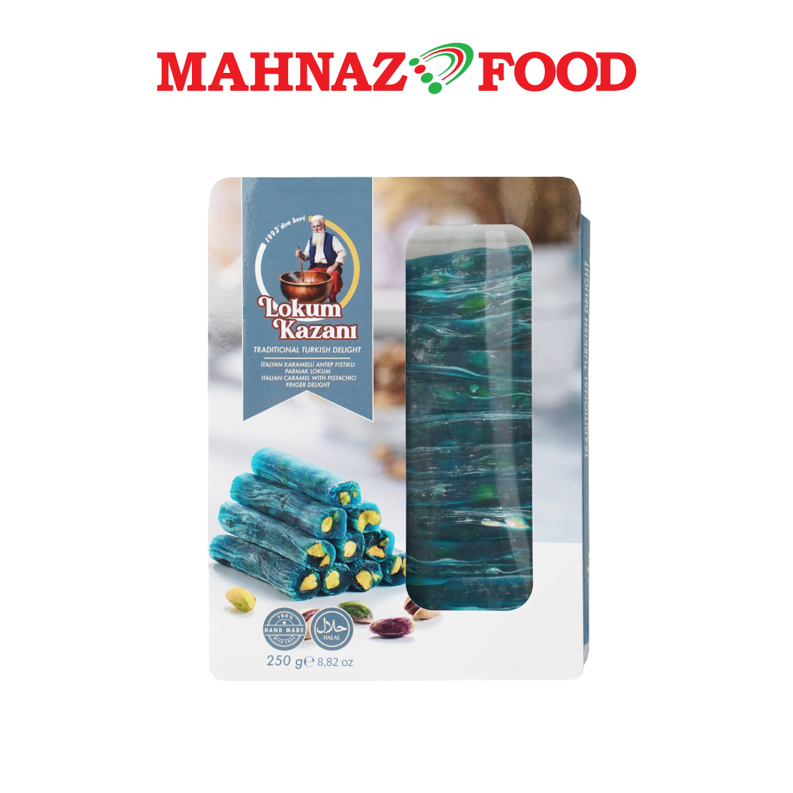 Mahnaz Food Lokum Kazani Turkish Delight Italian Caramel With Pistachio Finger Delight 250g Made in Turkey