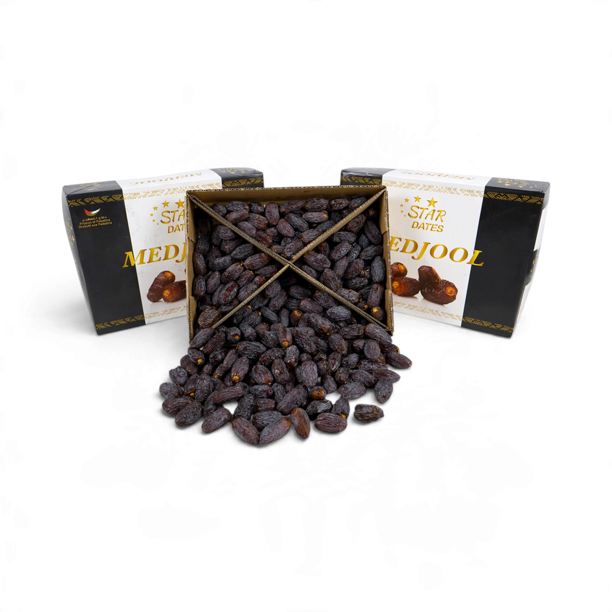 Mahnaz Food Qamar Palestinian jumbo Medjoul dates in a large 5kg box with dark brown, succulent fruit spilling out.