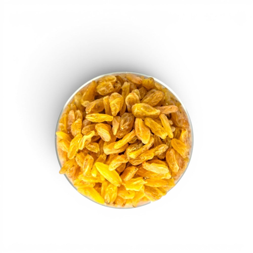 Mahnaz Food long golden raisins in a glass bowl, a healthy dried fruit snack.