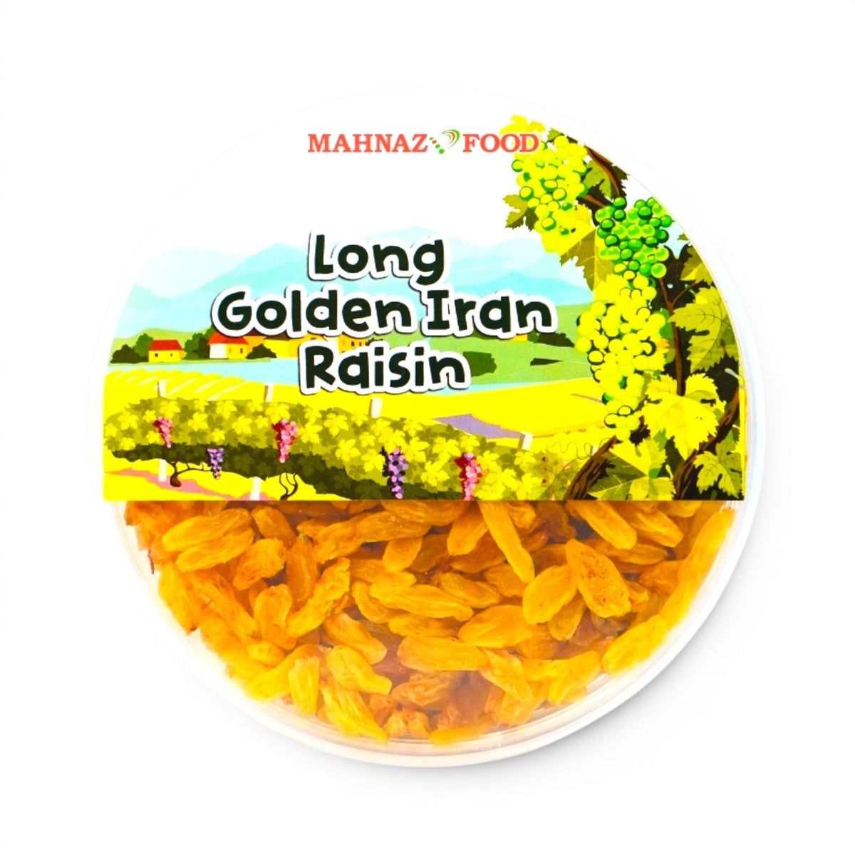 Mahnaz Food long golden Iranian raisins in a clear round container with illustrated vineyard label
