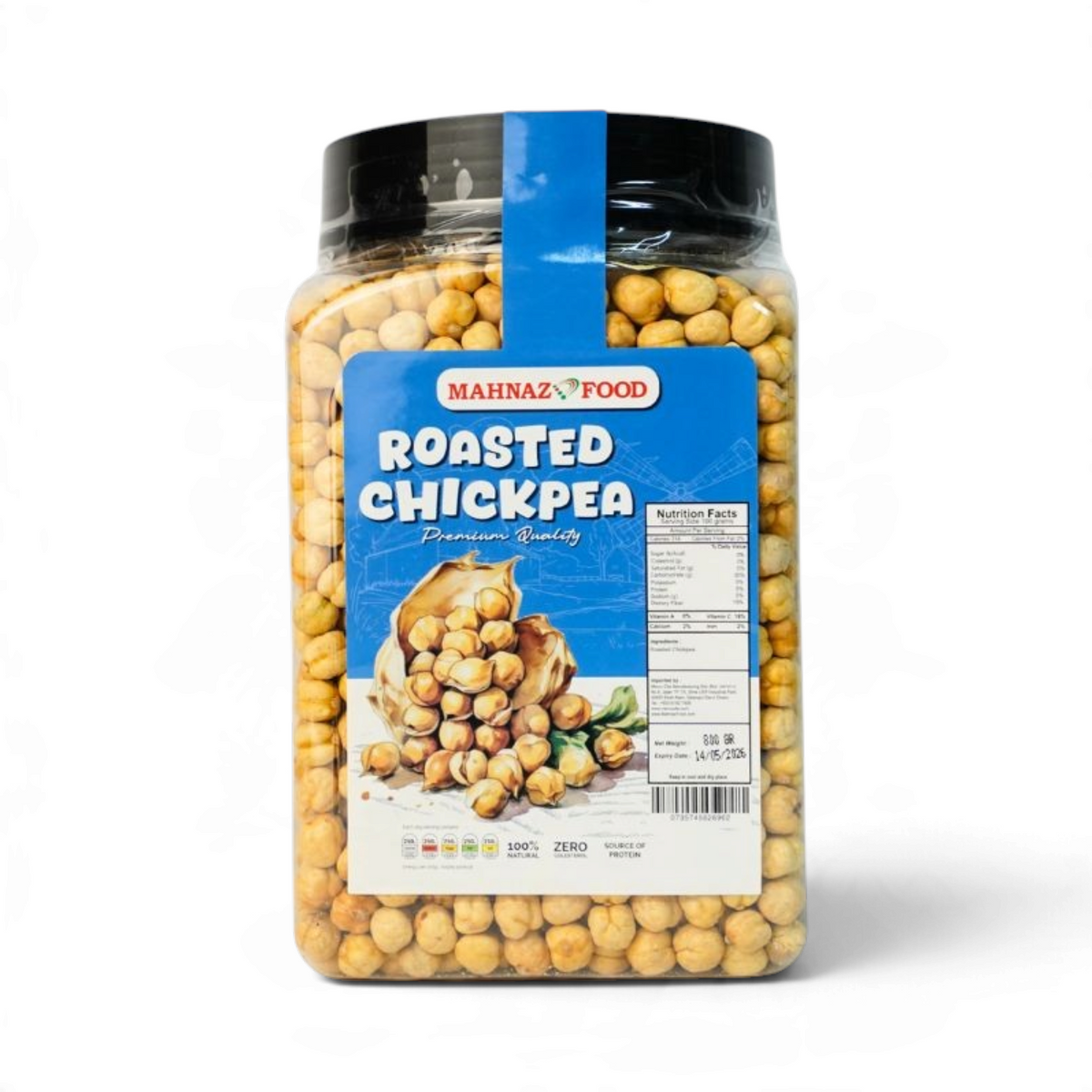 Mahnaz Food roasted chickpeas in a clear plastic jar with a blue label featuring nutritional information