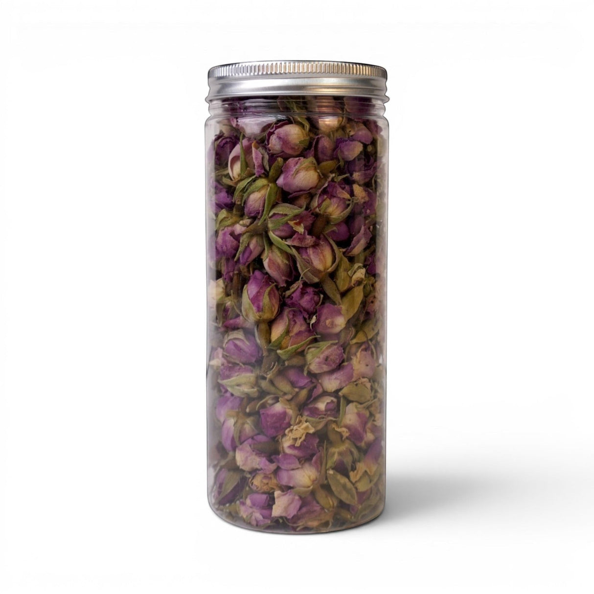 Mahnaz Food rose petals herbal tea in a clear jar. Loose leaf tea with dried pink rose buds and green stems.