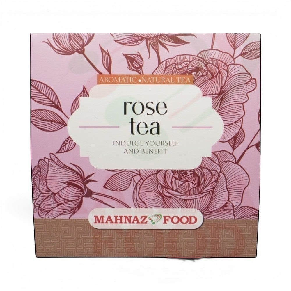 Mahnaz Food Lale Rose Tea box with pink floral design and white label. Aromatic natural tea.