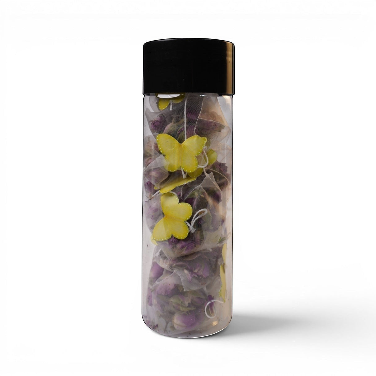 Mahnaz Food Rose Tea sachets with yellow butterfly decorations inside a clear bottle.