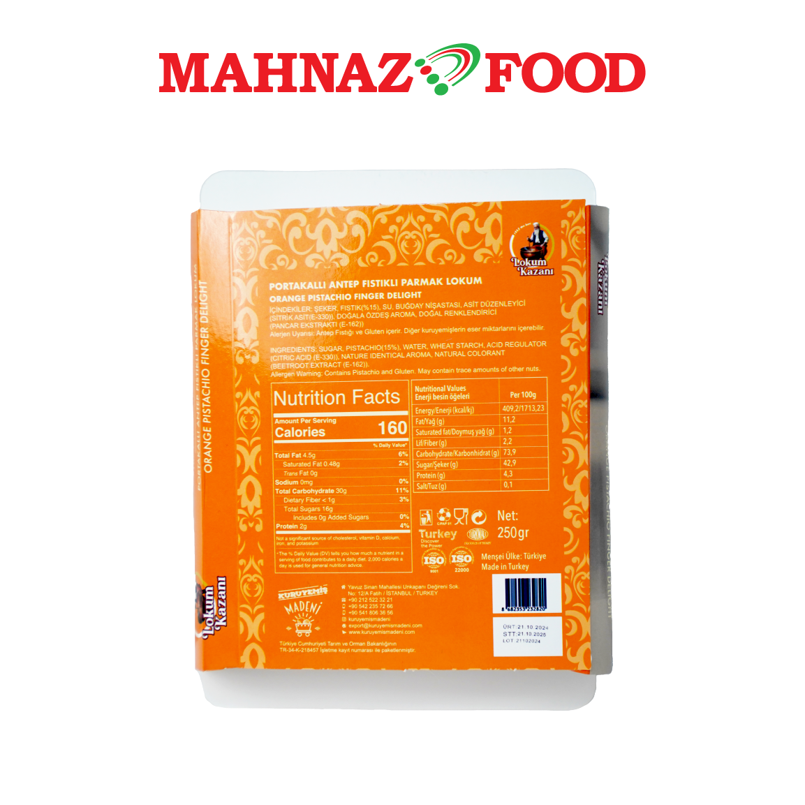 Mahnaz Food Lokum Kazani Turkish Delight Orange Pistachio Finger Delight 250g Made in Turkey