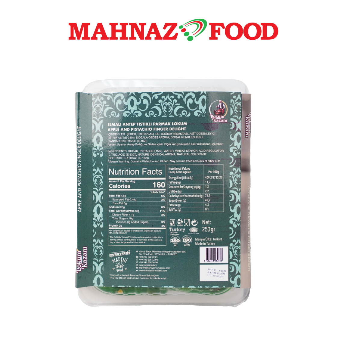 Mahnaz Food Lokum Kazani Turkish Delight Apple And Pistachio Finger Delight 250g Made in Turkey
