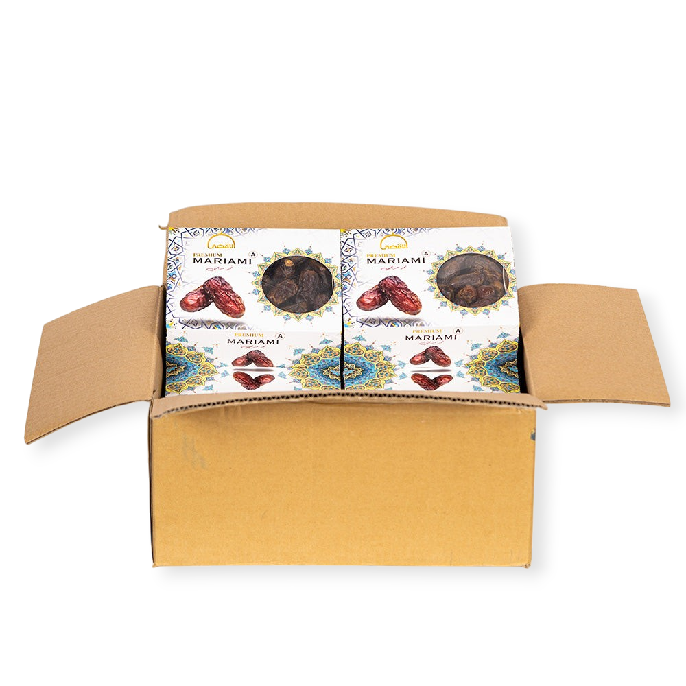 Mahnaz Food wholesale box containing two premium Mariami dates packages with decorative floral patterns