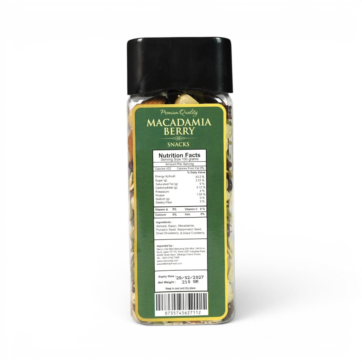 Mahnaz Food premium nut and berry mix featuring walnuts, almonds, pumpkin seeds, and dried fruit on a white surface