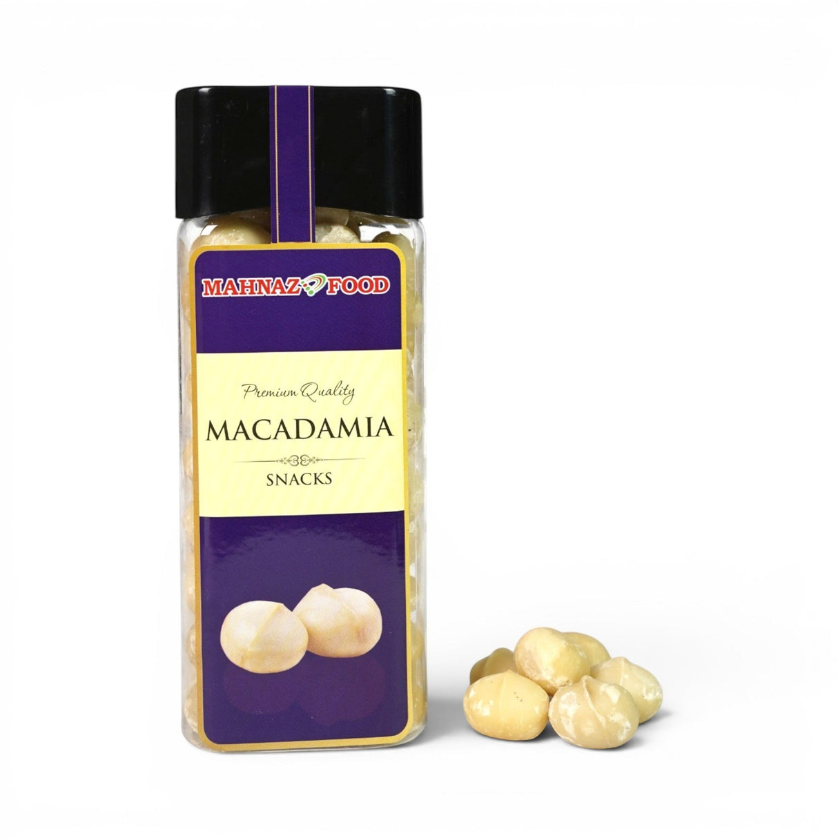 Mahnaz Food premium quality macadamia nuts in a clear plastic jar with a black lid, isolated on a white background.