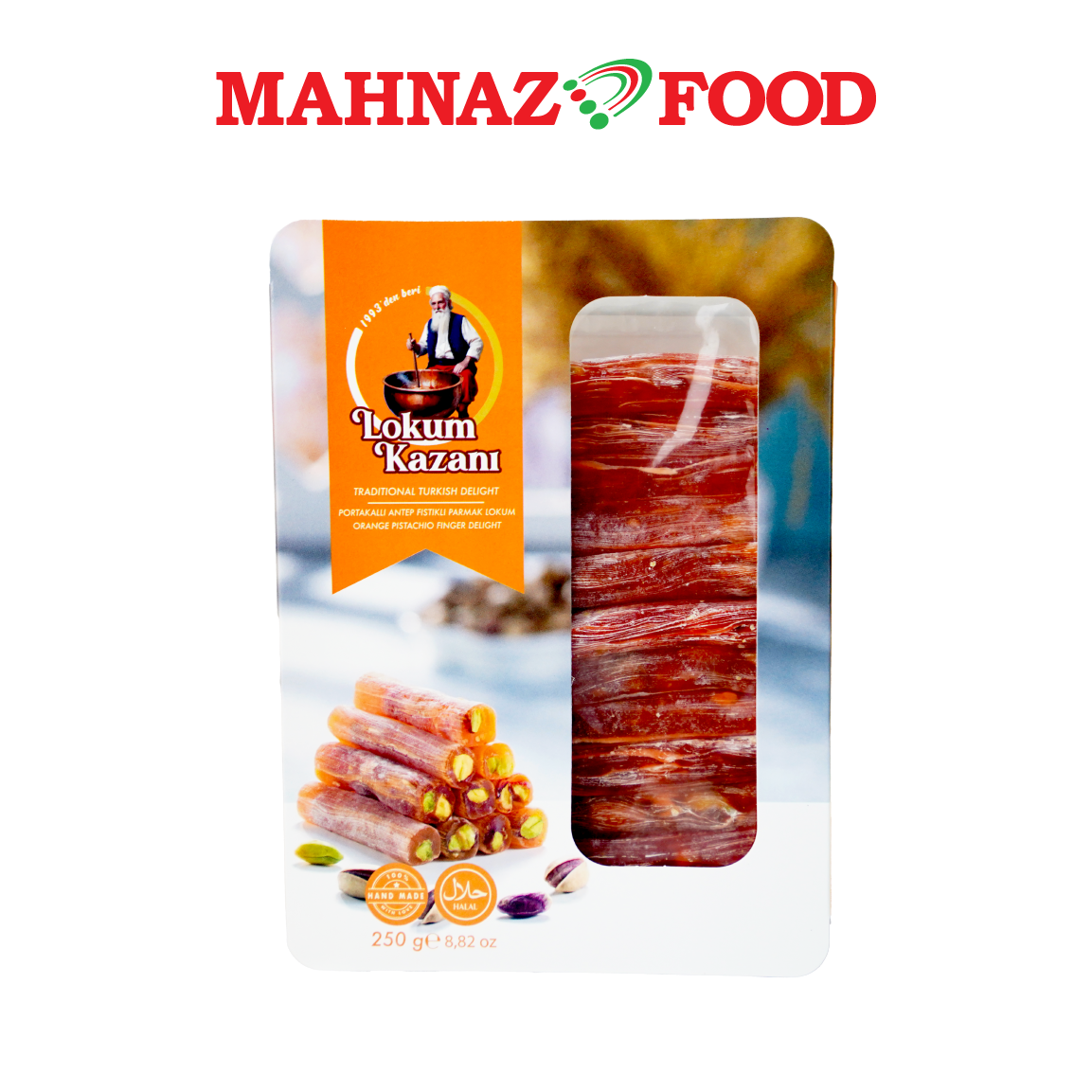 Mahnaz Food Lokum Kazani Turkish Delight Orange Pistachio Finger Delight 250g Made in Turkey