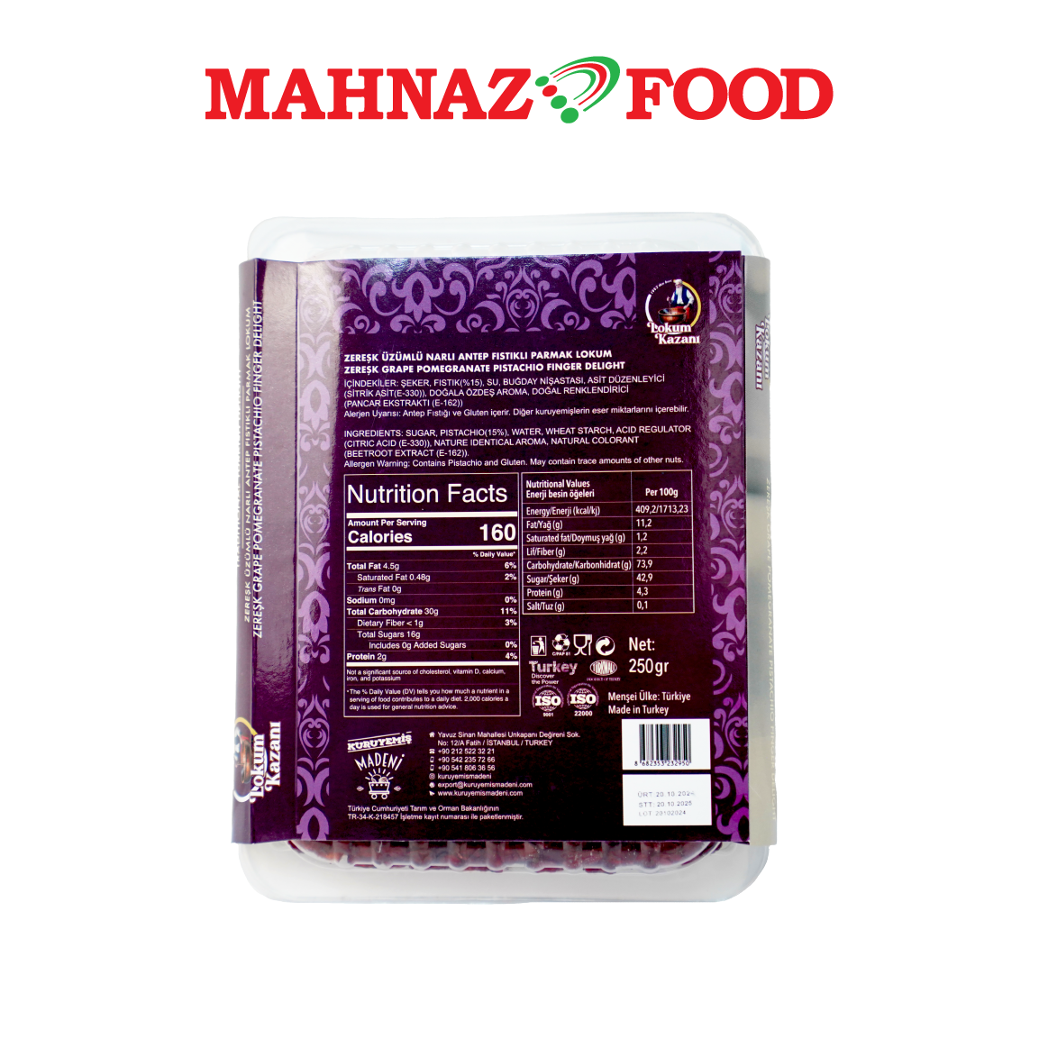 Mahnaz Food Lokum Kazani Turkish Delight Zeresk Grape Pomegranate Pistachio Finger Delight 250g Made in Turkey