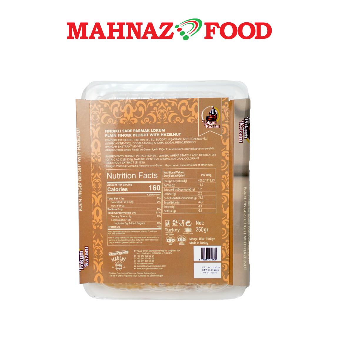 Mahnaz Food Lokum Kazani Turkish Delight Plain Finger Delight Dengan Hazelnut 250g Buatan Turki