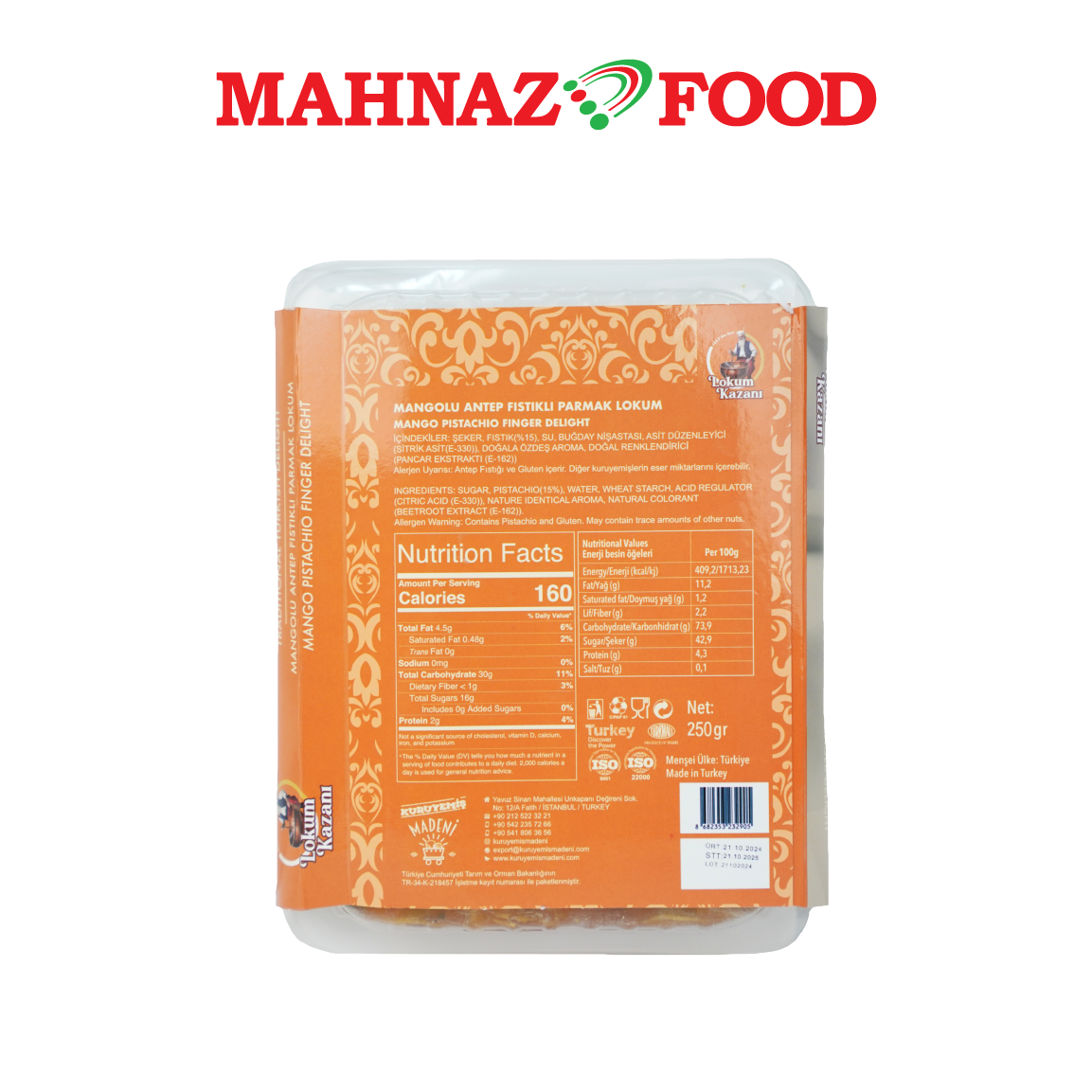 Mahnaz Food Lokum Kazani Turkish Delight Mango Pistachio Finger Delight 250g Made in Turkey