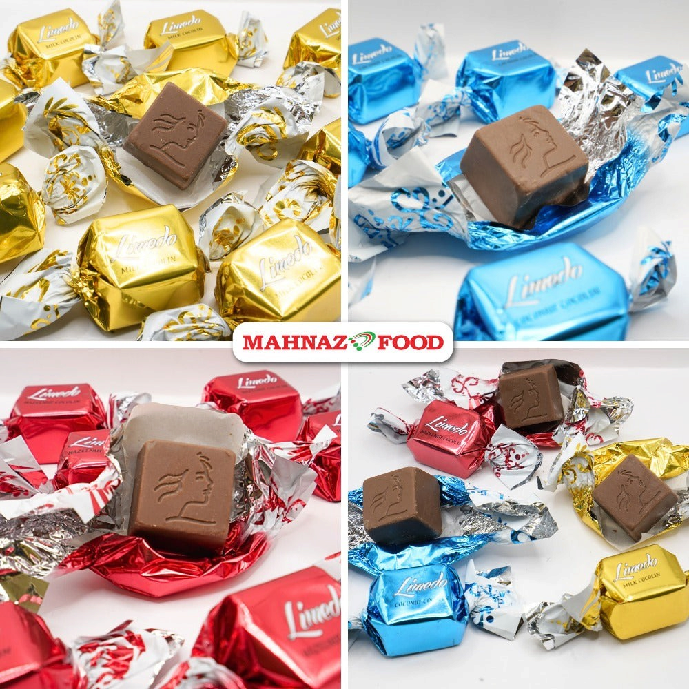 Mahnaz Food Limedo assorted compound chocolates in gold, blue, and red foil wrappers with embossed face design