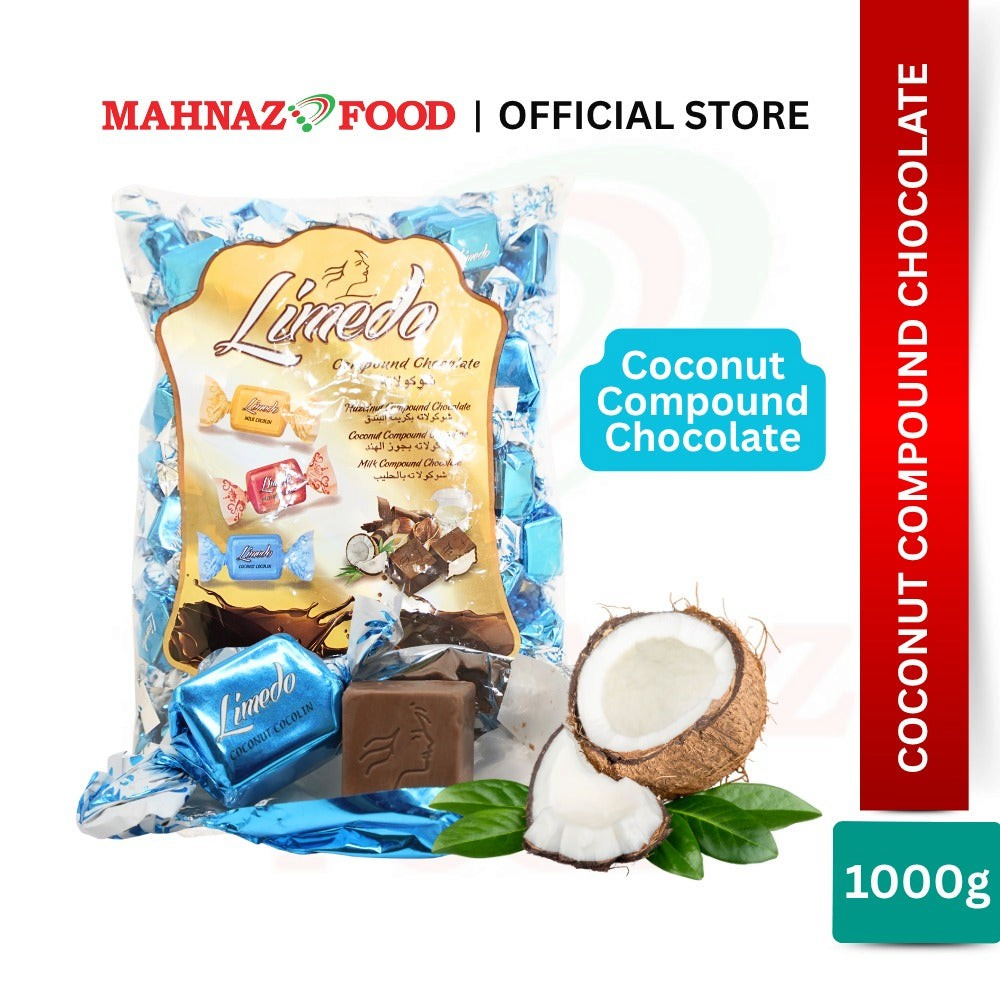 Mahnaz Food Limedo coconut compound chocolate in a 1kg bag with individual blue wrappers and fresh coconut pieces.