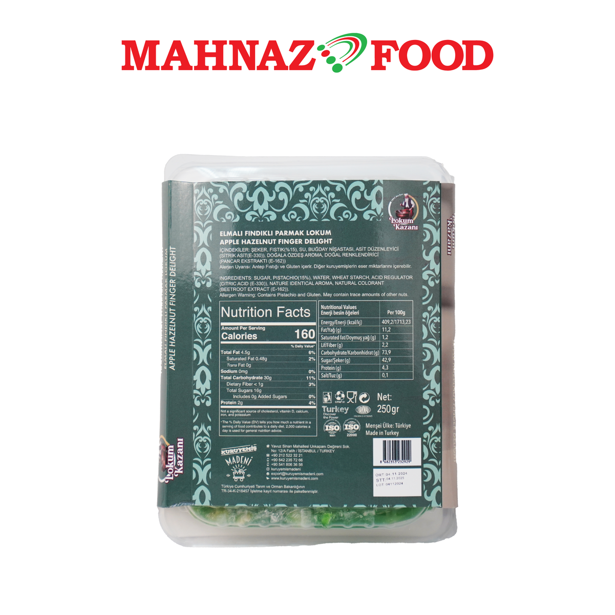 Mahnaz Food Lokum Kazani Turkish Delight Apple Hazelnut Finger Delight 250g Made in Turkey