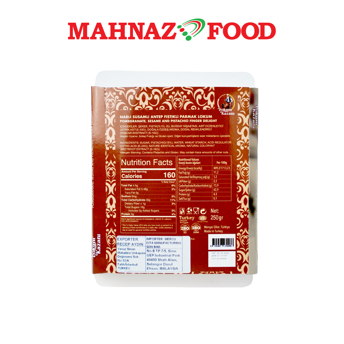Mahnaz Food Lokum Kazani Turkish Delight Pomegranate Sesame And Pistachio Finger Delight 250g Made in Turkey
