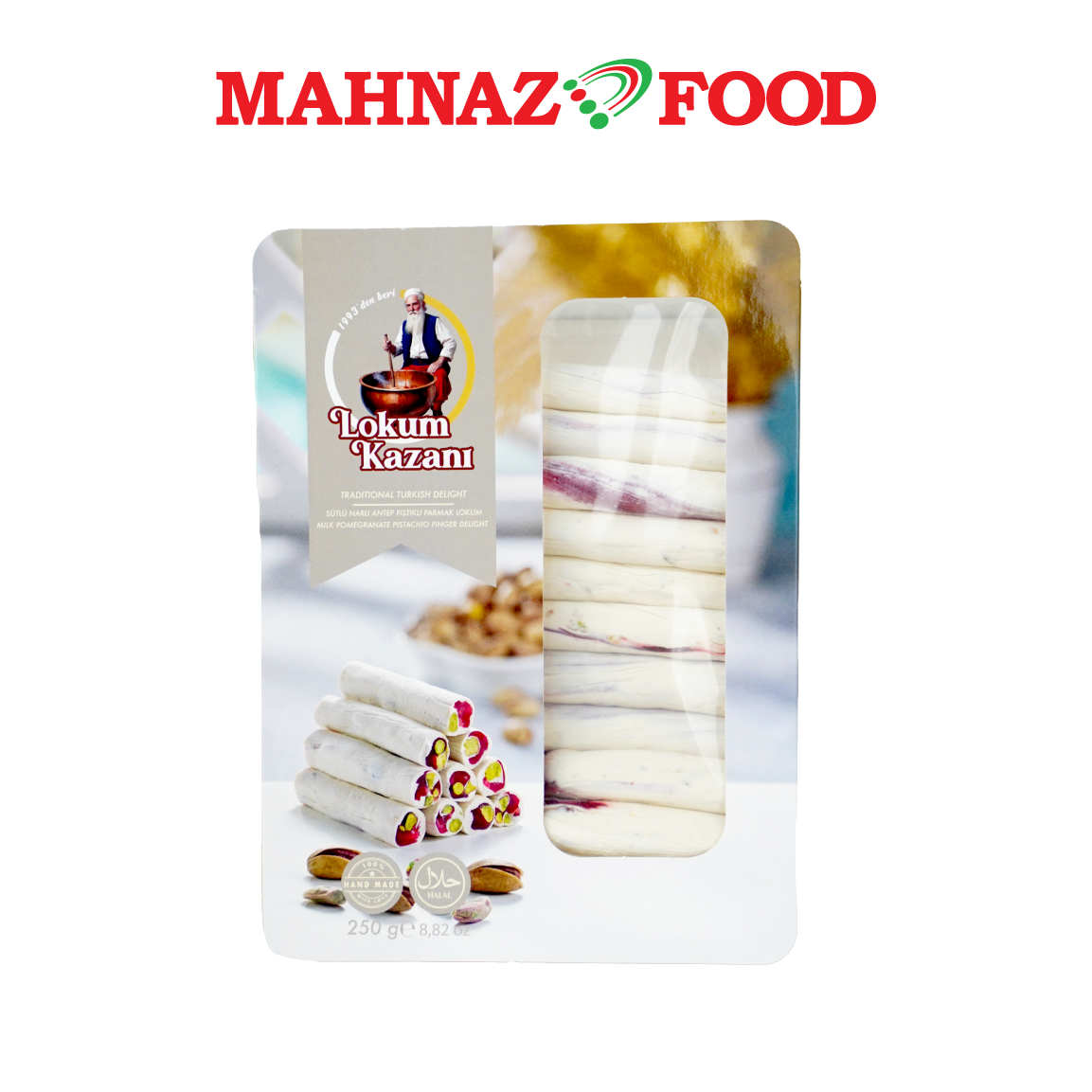 Mahnaz Food Lokum Kazani Turkish Delight Milk Pomegranate Pistachio Finger Delight 250g Made in Turkey