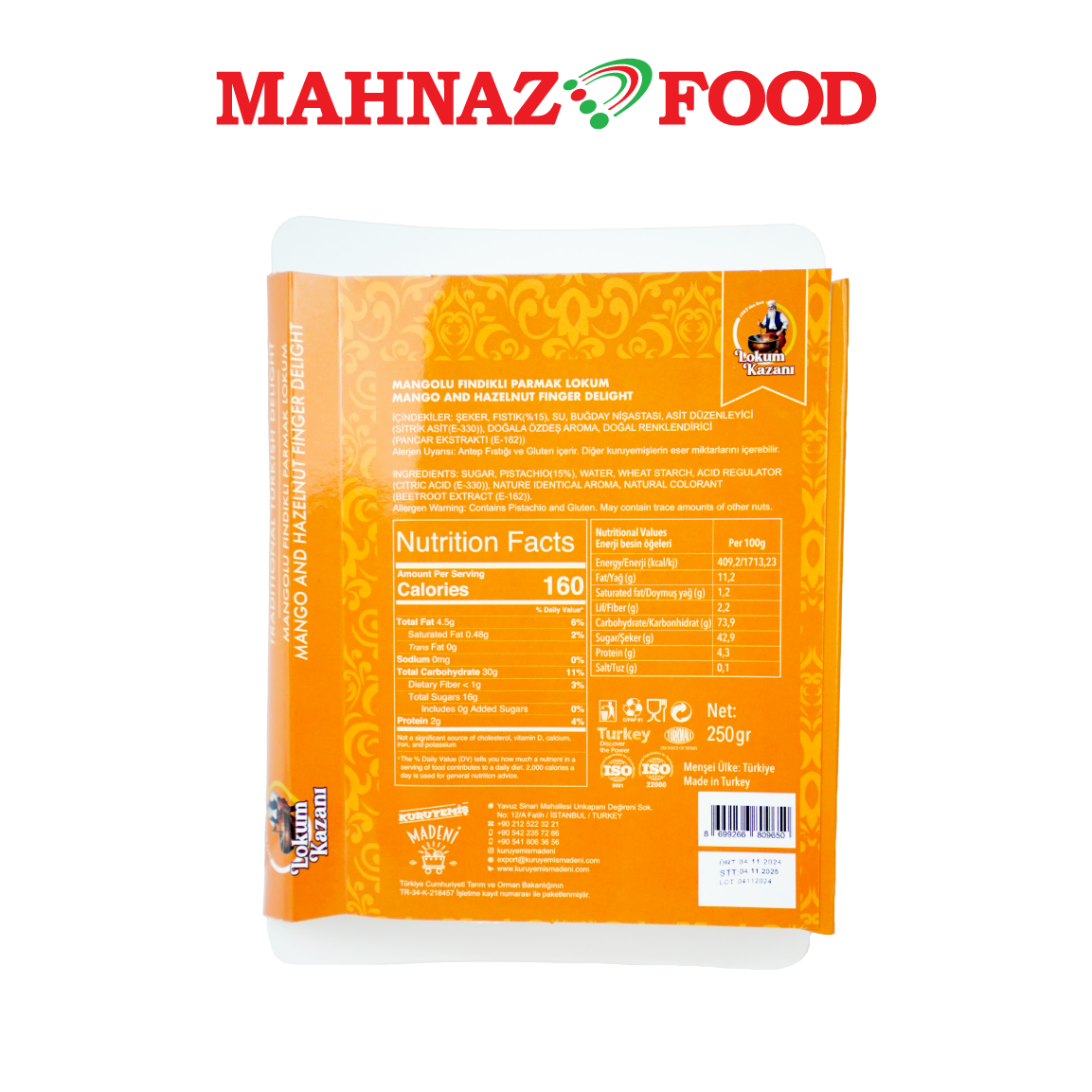 Mahnaz Food Lokum Kazani Turkish Delight Mango And Hazelnut Finger Delight 250g Made in Turkey