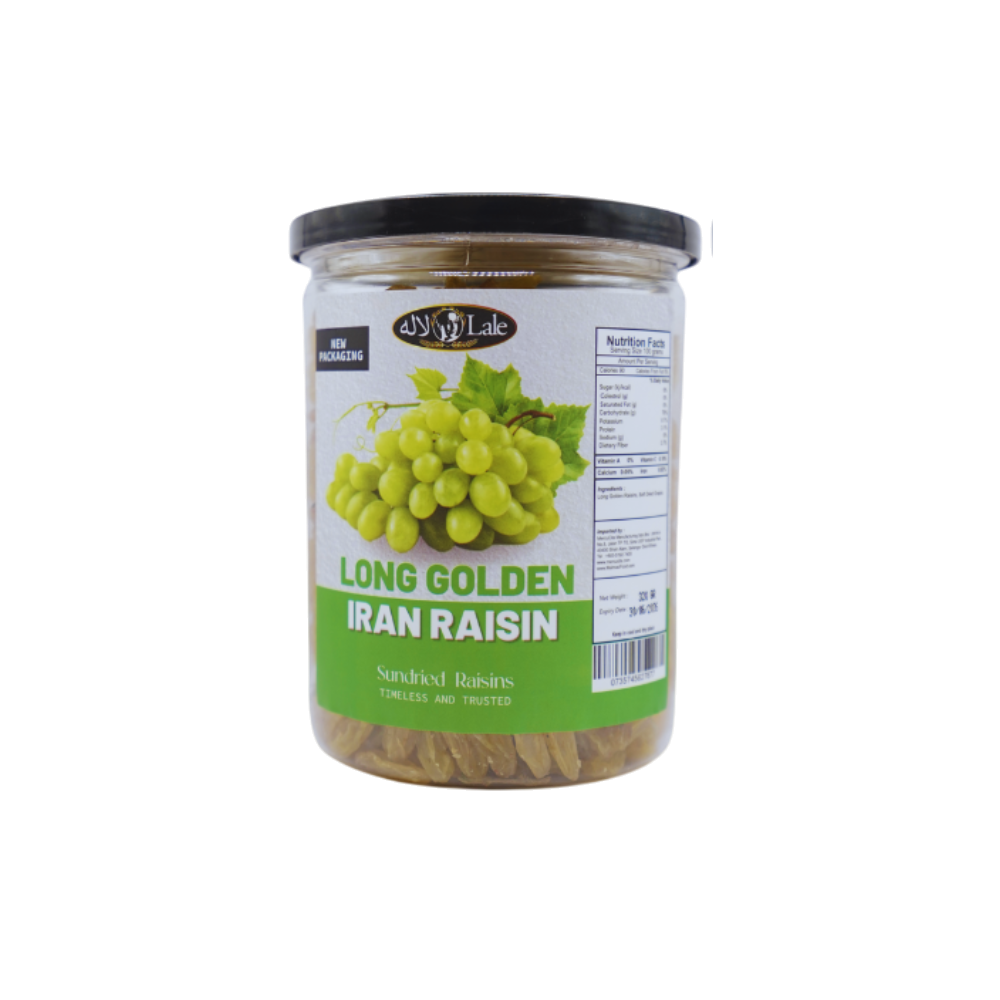 Mahnaz Food long golden Iranian raisins in a clear plastic jar with a black lid, showcasing dried fruit texture.