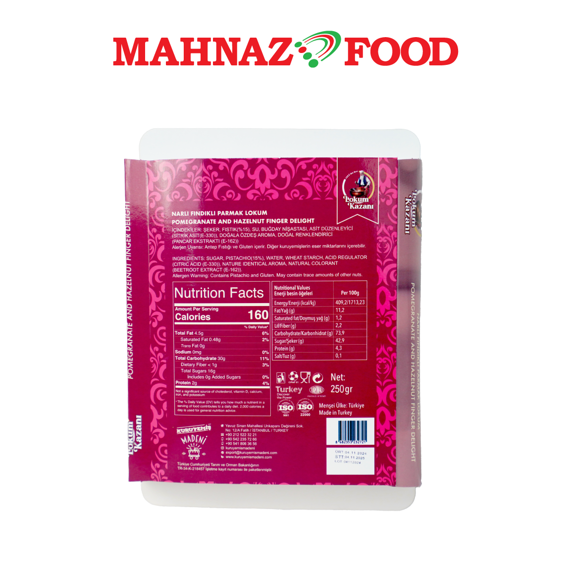 Mahnaz Food Lokum Kazani Turkish Delight Pomegranate And Hazelnut Finger Delight 250g Made in Turkey