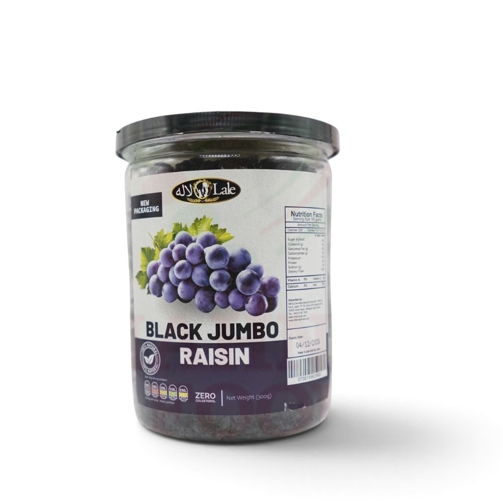 Mahnaz Food black jumbo raisins in a clear plastic jar with a label featuring a grape illustration