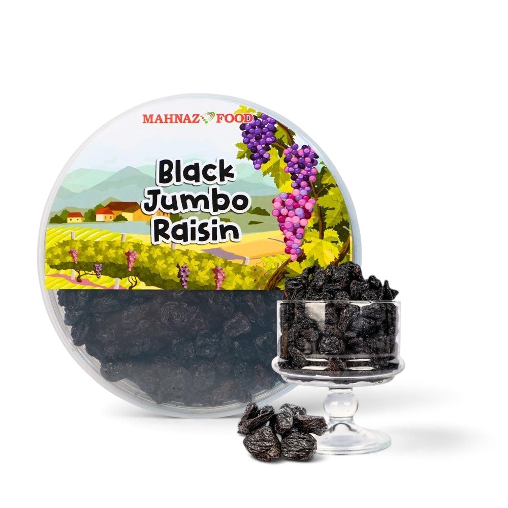 Mahnaz Food black jumbo raisins in a clear round container with a vineyard label and a glass serving dish