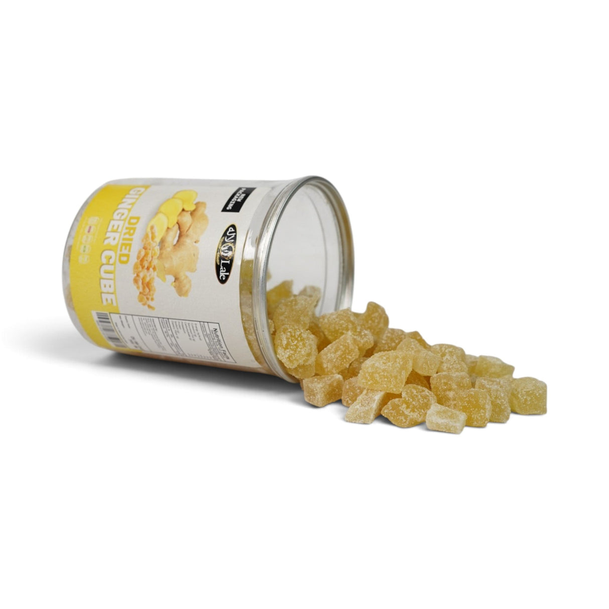 Mahnaz Food dried ginger cubes in a clear jar, featuring sweet and spicy sugar-coated chewy pieces.