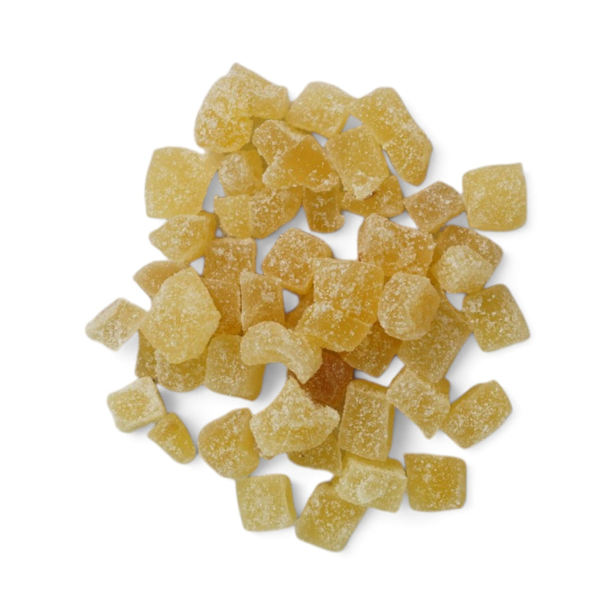 Mahnaz Food dried ginger cubes coated in sugar, featuring a chewy texture and sweet, spicy flavour.
