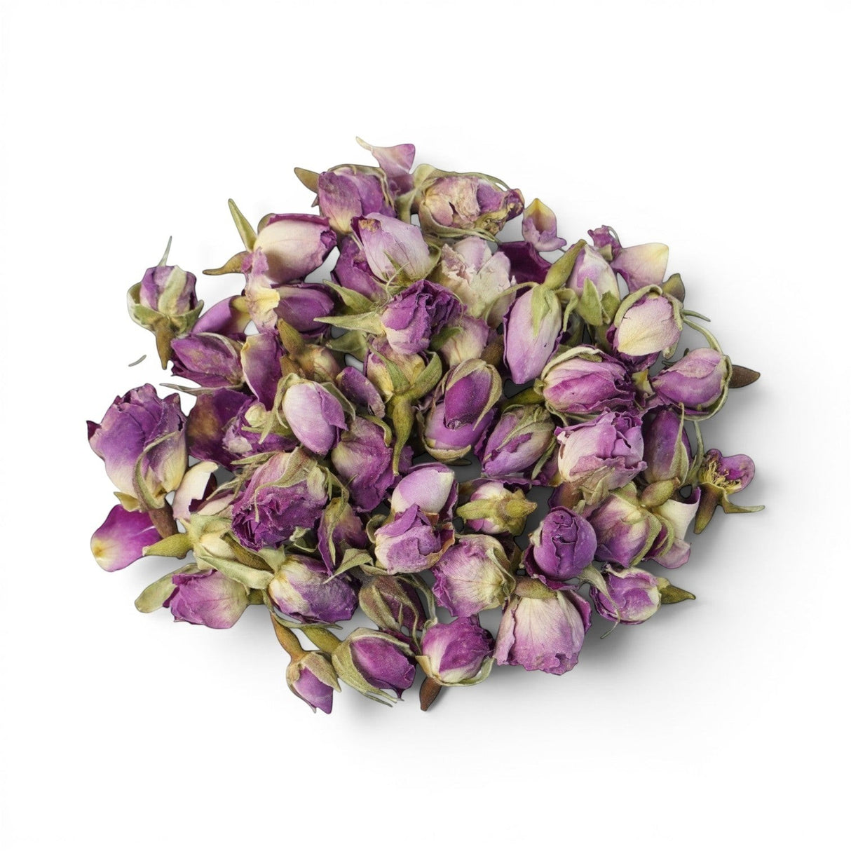 Mahnaz Food dried rose buds for herbal tea, pink and purple floral buds with green stems.