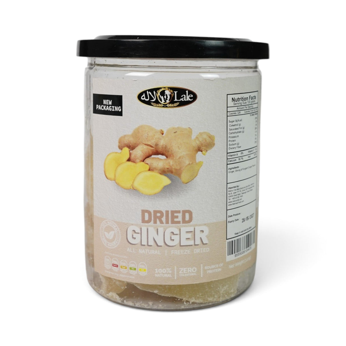 Mahnaz Food freeze-dried ginger slices in a 220g clear plastic jar with a black lid