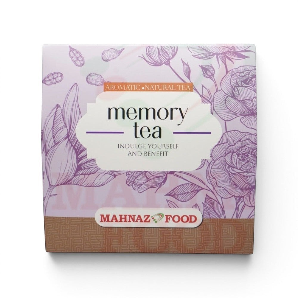 Mahnaz Food Herbal Memory Tea box with rose and cardamom illustrations. Aromatic natural tea for relaxation.
