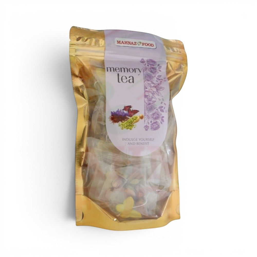 Mahnaz Food Herbal Memory Tea blend with rose petals, saffron, and cardamom in individual teabags.