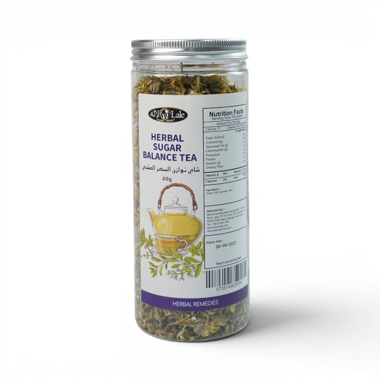 Mahnaz Food Herbal Sugar Balance Tea loose leaf blend of ginger, dill, dandelion, and mint in a clear jar.