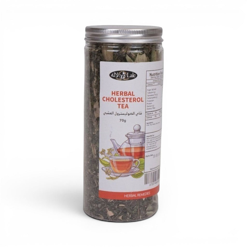 Mahnaz Food Herbal Cholesterol Tea loose leaf blend of green tea, nettles & olive leaves in a 70g jar.