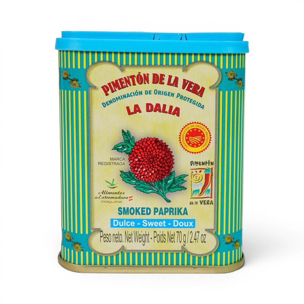 Mahnaz Food La Dalia smoked sweet paprika powder in a decorative green and yellow tin with a blue lid