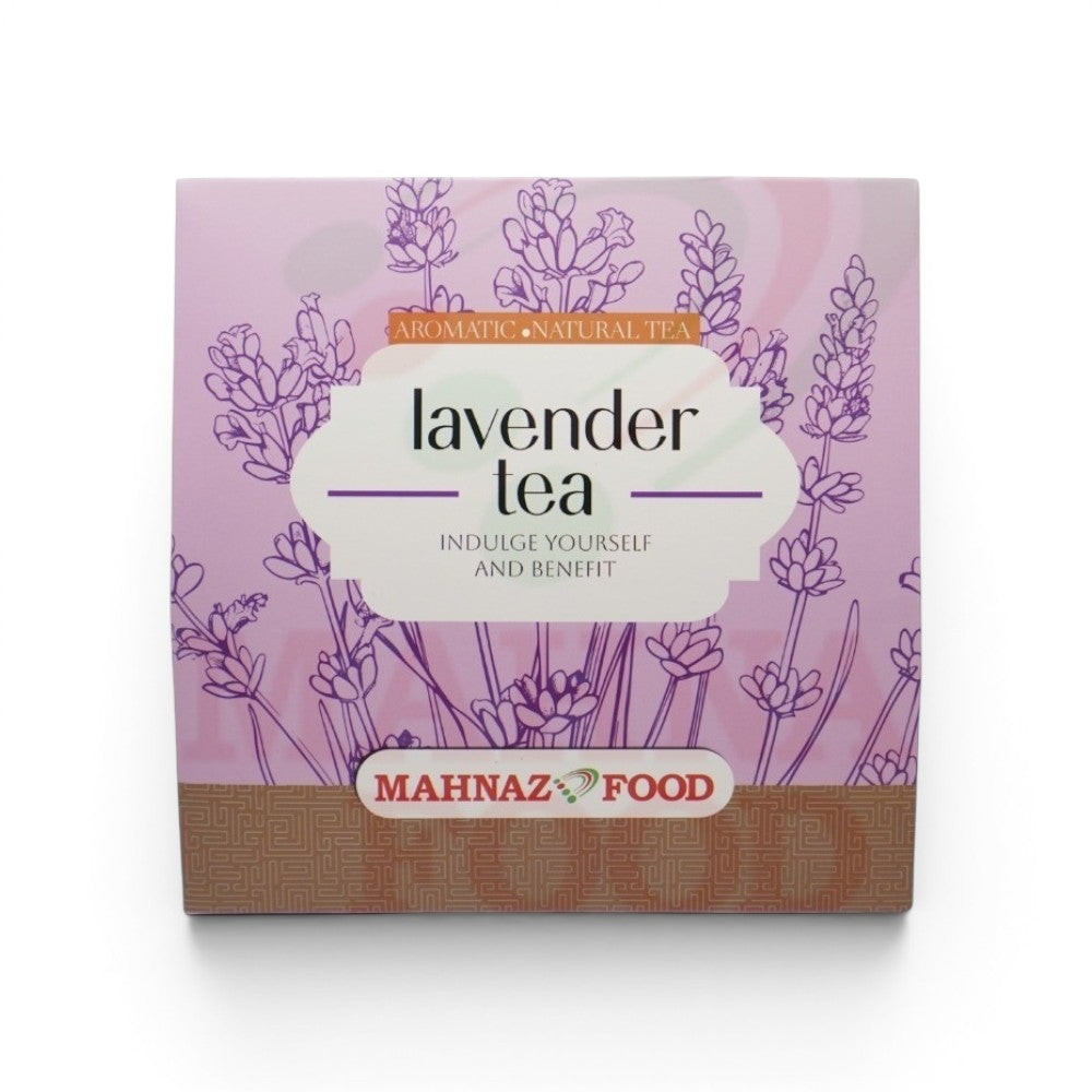Mahnaz Food lavender tea box with 6 teabags, featuring a purple floral design and text.