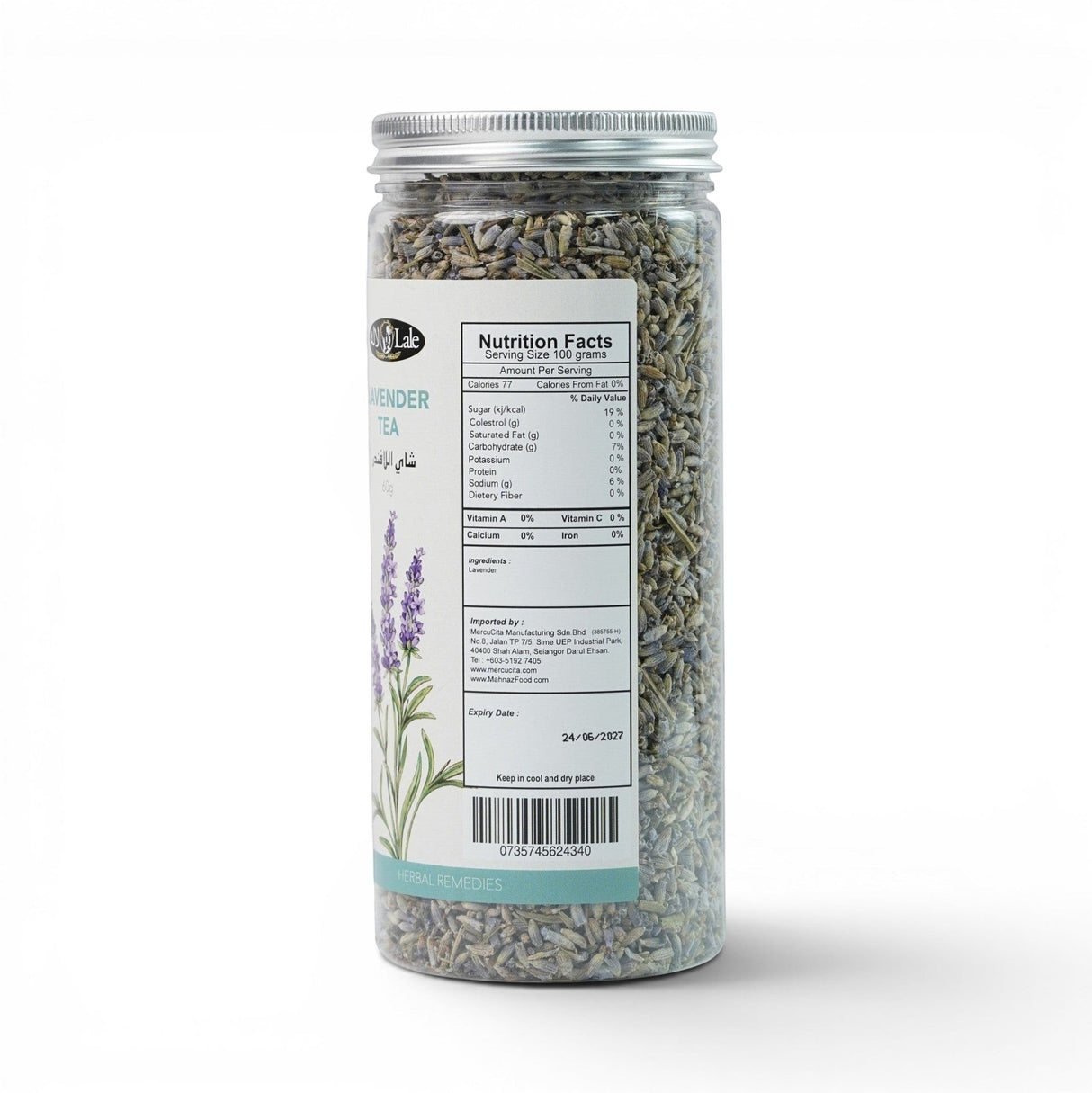 Mahnaz Food Lavender Tea loose dried flowers in a clear jar with nutrition facts label and illustration of lavender sprigs.