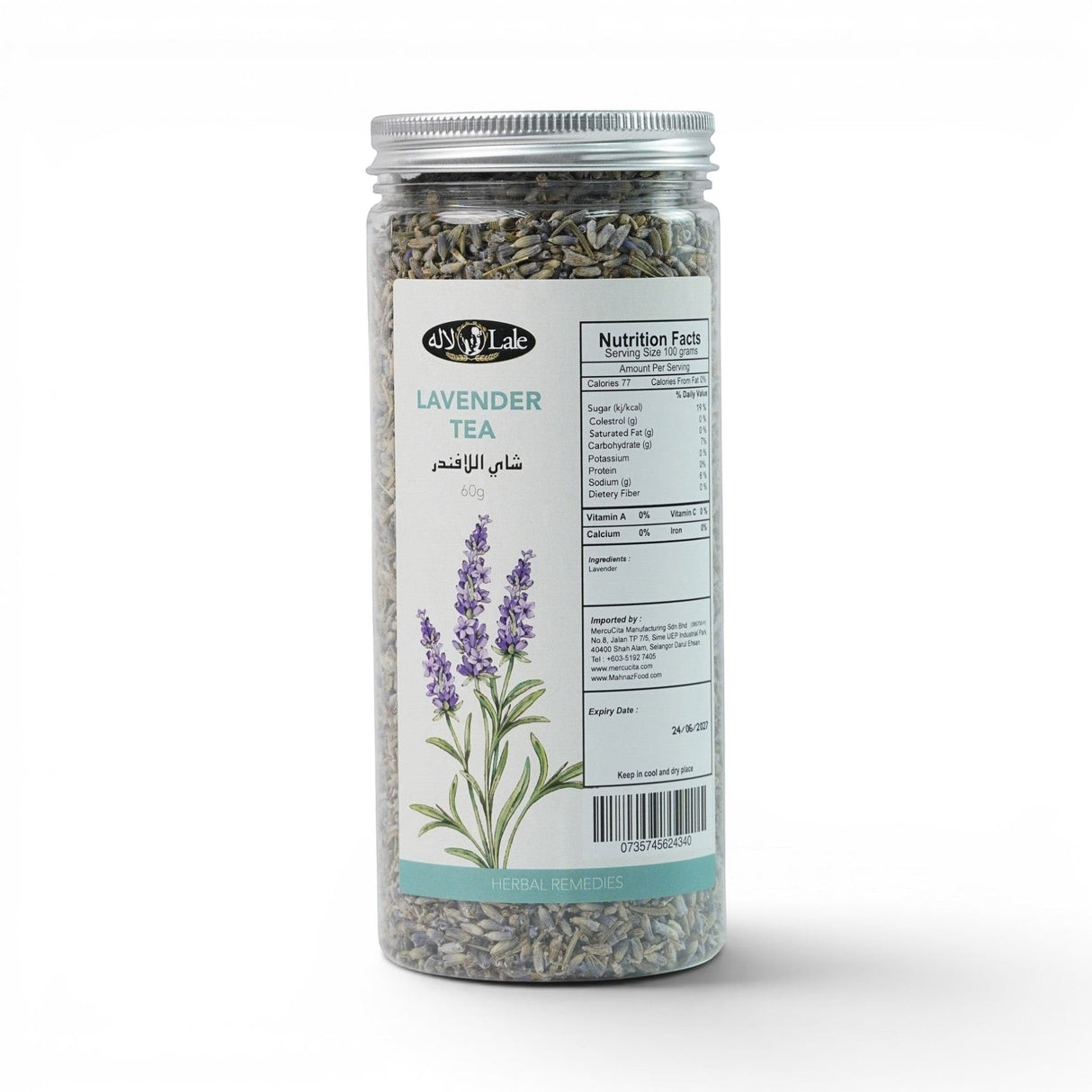 Mahnaz Food Lavender Tea loose dried flowers in a clear jar with a label showing lavender sprigs and nutrition facts.