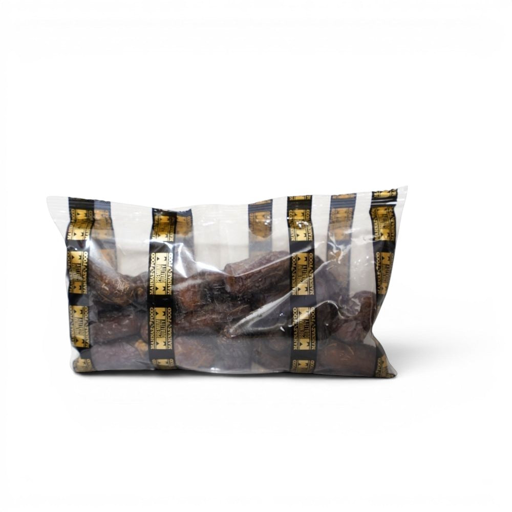 Mahnaz Food Mariami dates in a clear plastic bag, showing dark brown, chewy dates with a golden hue.