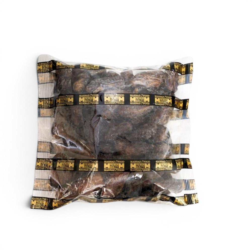 Mahnaz Food Mariami Dates, golden to dark brown, soft, sweet, chewy texture, premium quality dates in a clear plastic bag.