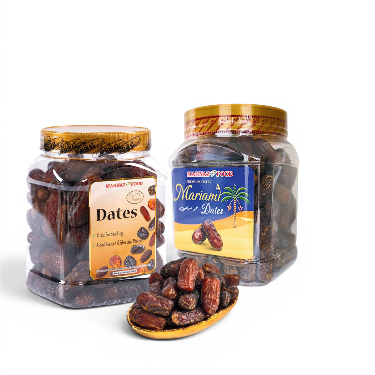 Mahnaz Food Mariami Dates in clear plastic jars and a golden dish, featuring dark brown, chewy dates.
