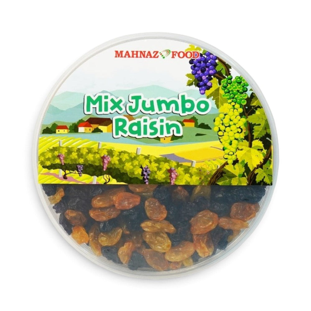 Mahnaz Food mix jumbo raisins in a clear round container with a vineyard illustration label