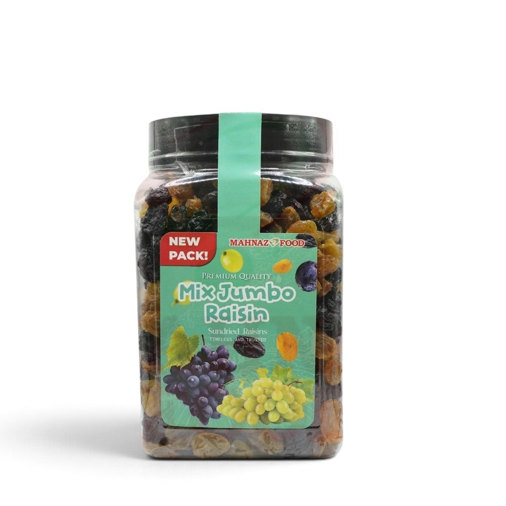 Mahnaz Food mix jumbo raisins in a clear plastic jar featuring black and golden dried grapes for healthy snacking