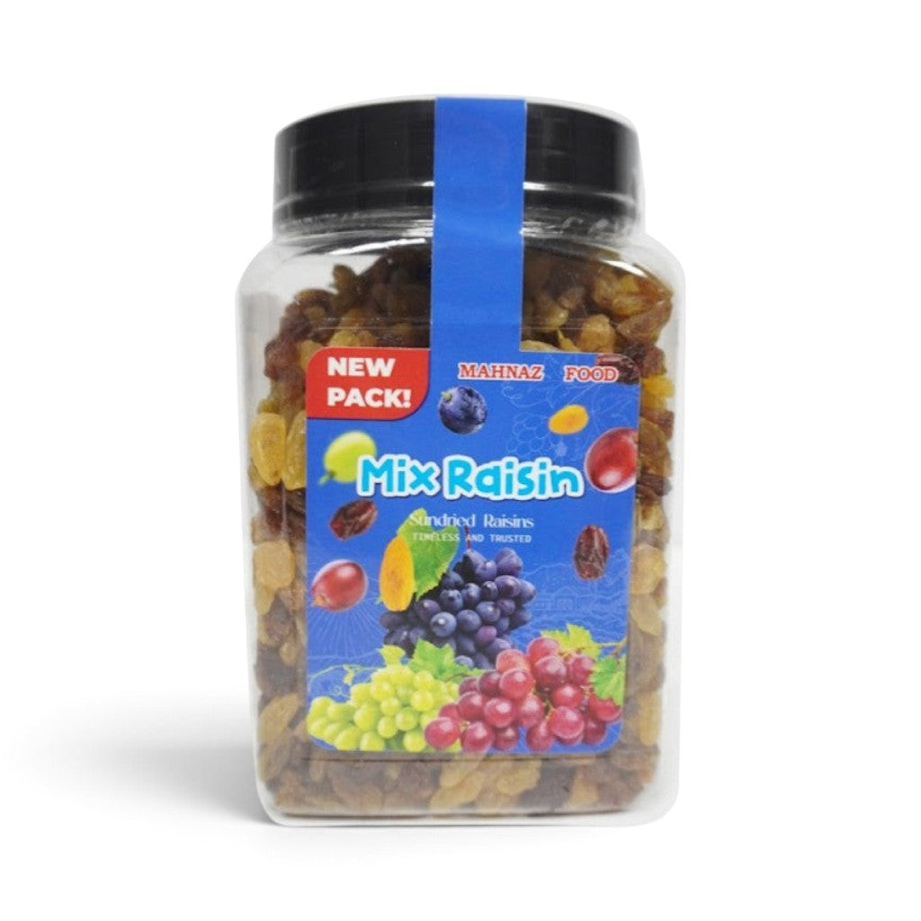 Mahnaz Food mix raisin dried fruit in a clear plastic jar with a black lid, perfect for healthy snacking.
